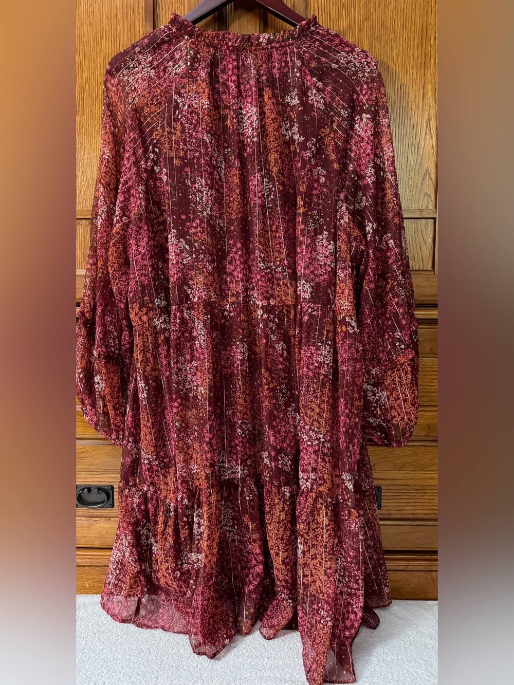 NWT MSK Chiffon Metallic Striped Floral Tiered Ruffle Peasant Romantic Dress - Picture 4 of 10